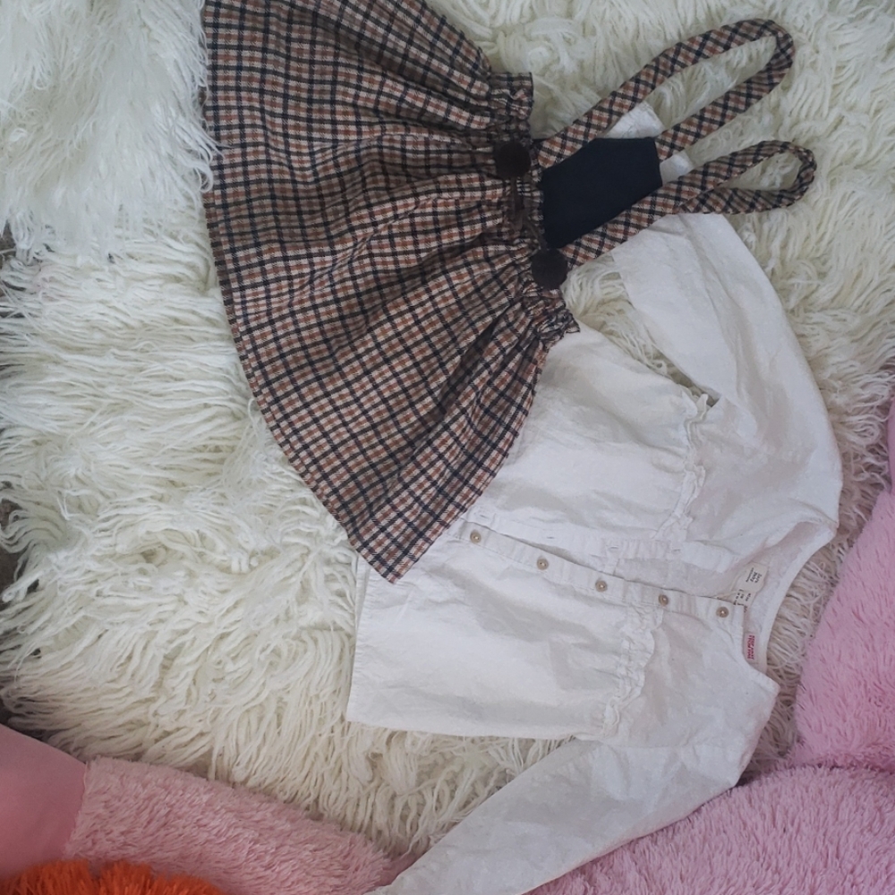 Zara White floral blouse /Zara Plaid Overall skirt
